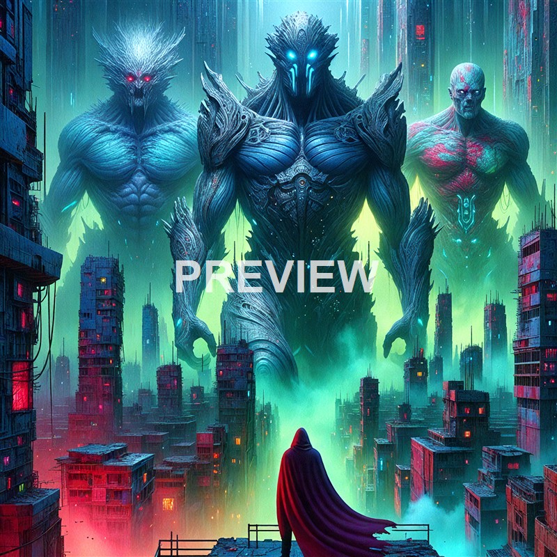 A figure in a red cape stands on a rooftop overlooking a futuristic cityscape with tall buildings, as three enormous, menacing, and otherworldly creatures with glowing eyes loom in the sky above.